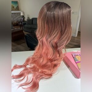 HAIR, 28” Long Layers, Lace at Center Part, Ombre Brown/Pink
